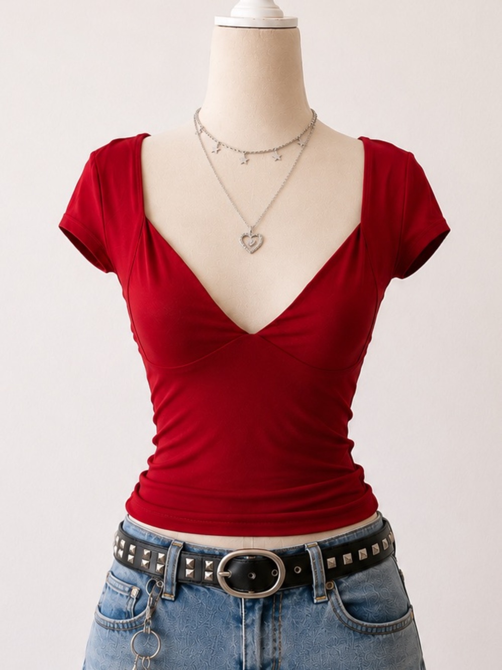 Women's Deep V Ruched Short Sleeve Top in Red